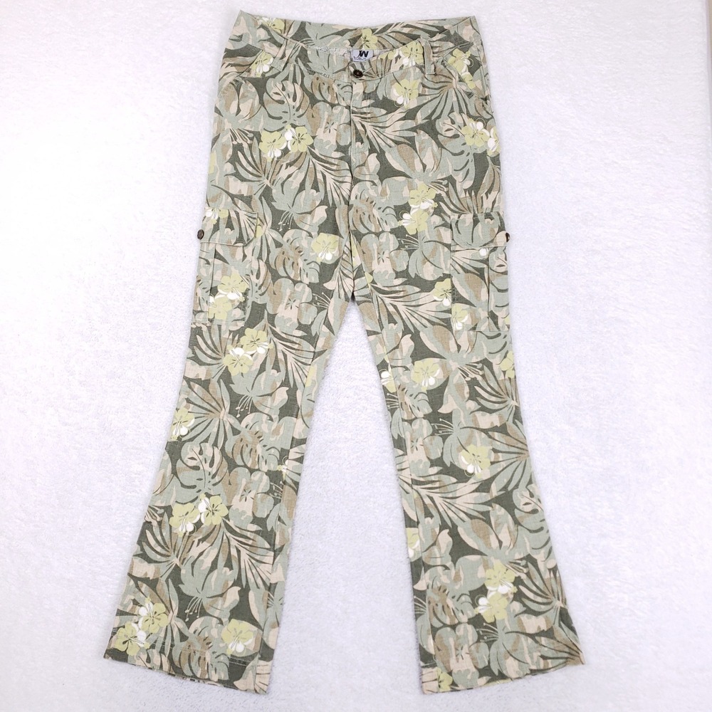 JW Junction West Cargo Pants Womens 10 Linen Blend Flare Tropical Green Y2K